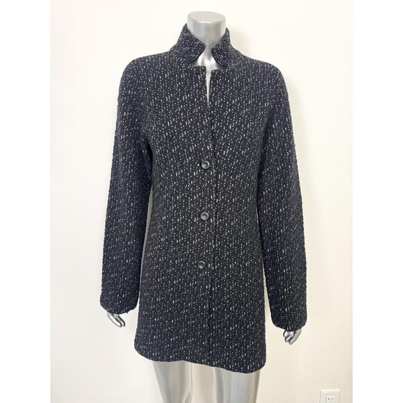 Wool Cashmere Sweater Coat Black White Boucle Button Front Damask M - Picture 1 of 12